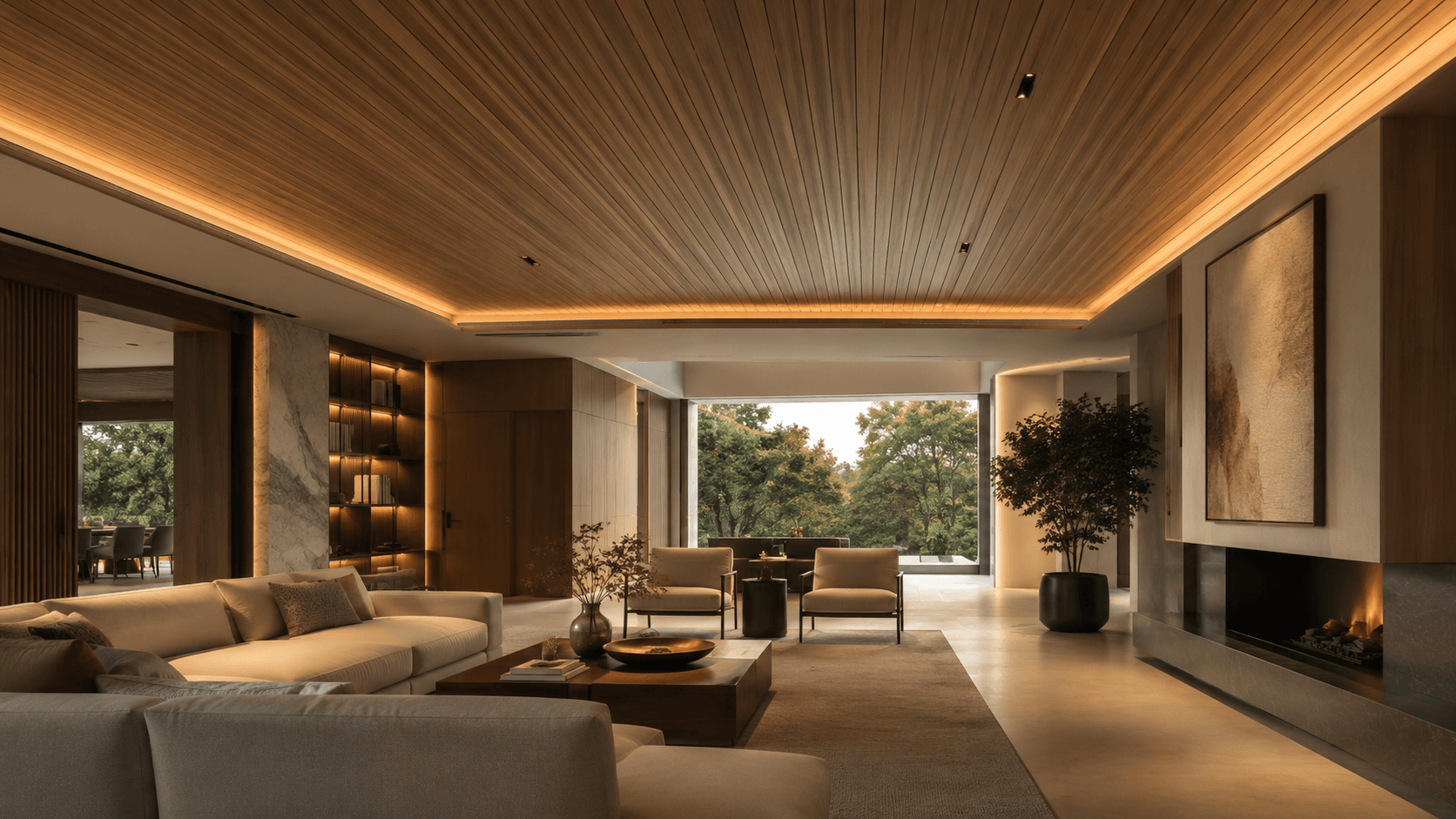 Interior wood cladding ceiling